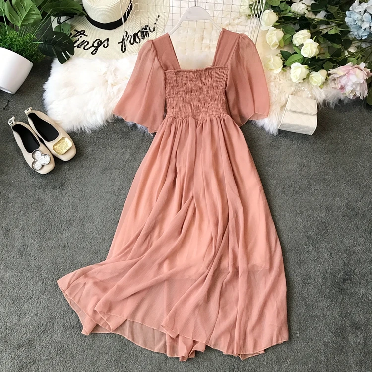 

New Fairy Chiffon Summer Women Dress 2019 Chic Square Collar Gentle Long Dresses Big Swing Vacation Beach Boho Cool Dress