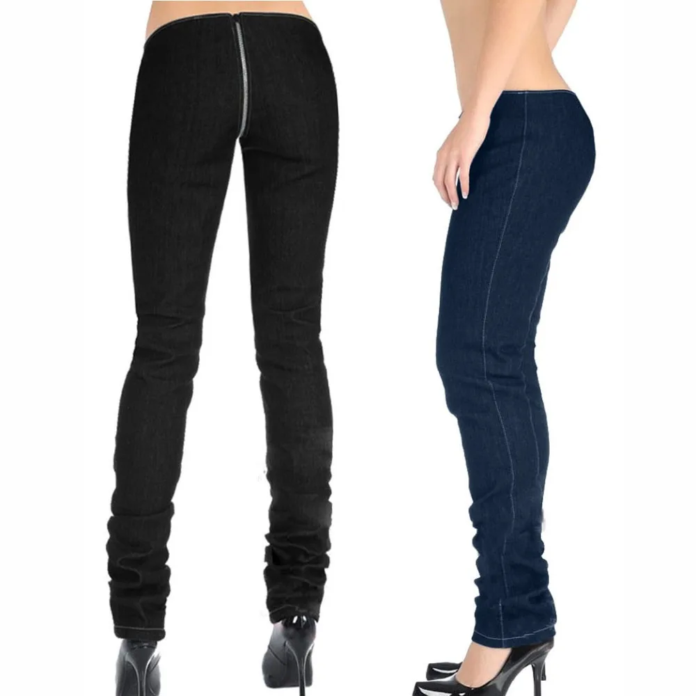 

Fashion Super Low Waist U Crotch Zipper Opened Elastic Denim Jean Women New Style Jeans Solid Capris Night Club Wear Streetwear