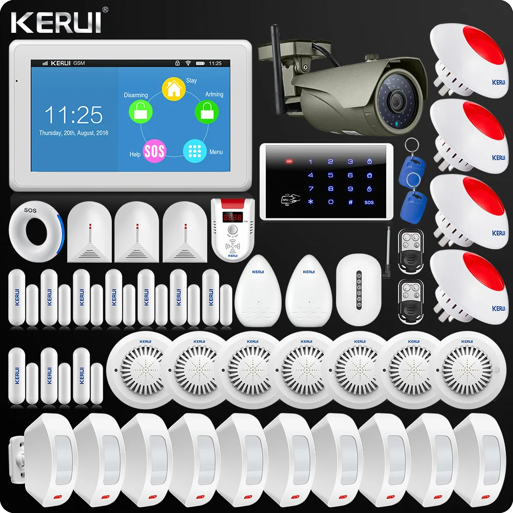 

KERUI 7 Inch TFT Display Touch Screen WIFI GSM Alarm System Home Alarm Security Wifi IP Outdoor Camer Flash Siren Curtain PIR