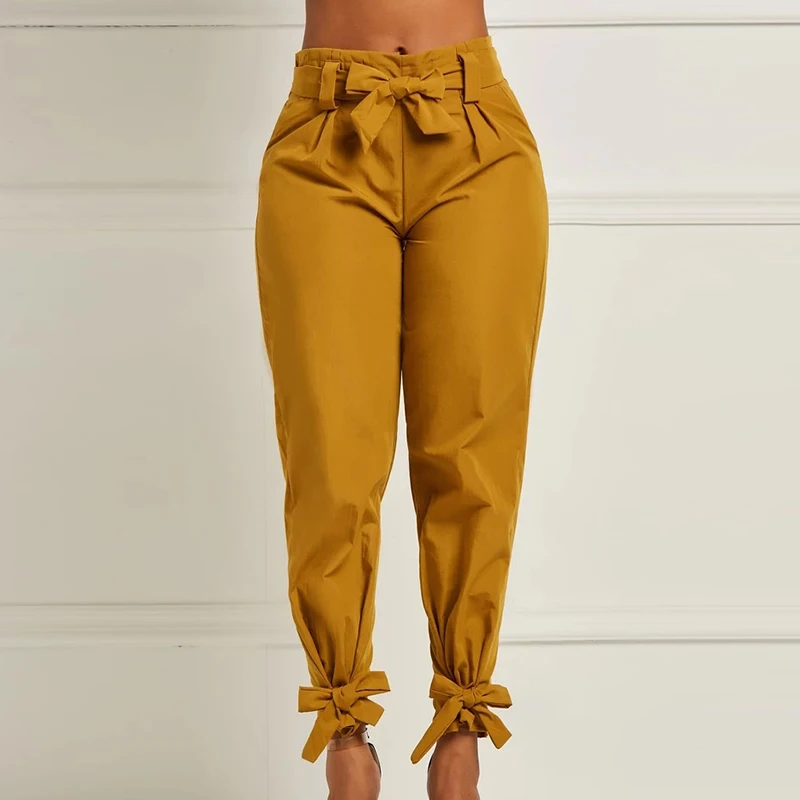 Elegant Women's Pants Silk-wadding Khaki Solid Casual Loose Pencil Work Slim High Waist Bow Fashion Hot New Pants With Belt