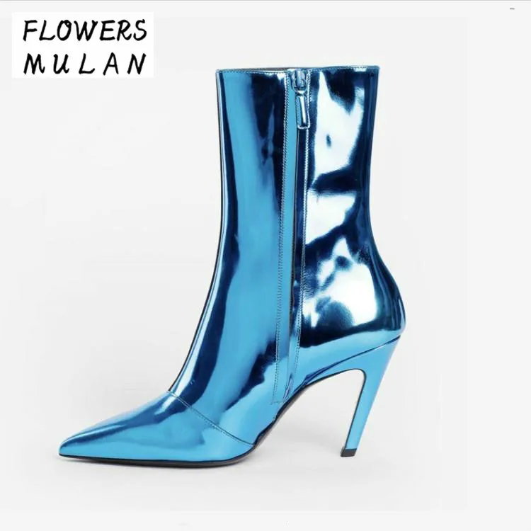 

2018 New T Show High Heels Ankle Boots Woman Elegant Pointed Toe Side Zip Botas Mujer Chic Mirror Leather Plus Size Zapatillas