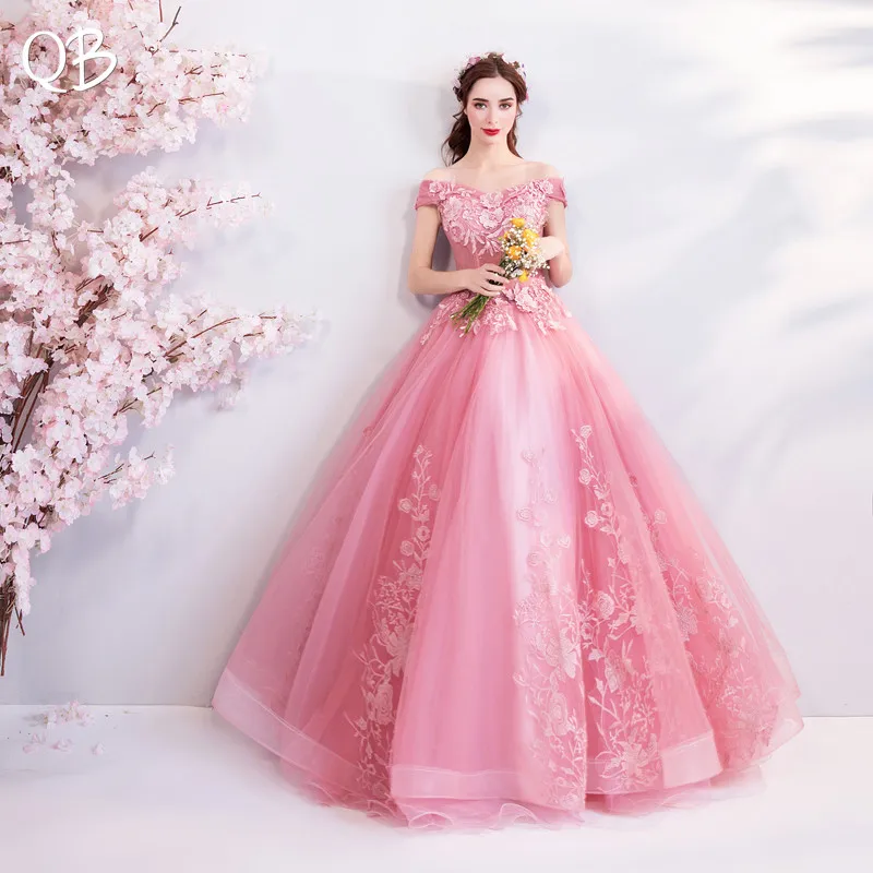 

Pink Ball Gown Fluffy Tulle Lace Flowers Beaded Luxury Evening Dresses 2019 New Fashion Bride Party Prom Dress XH102