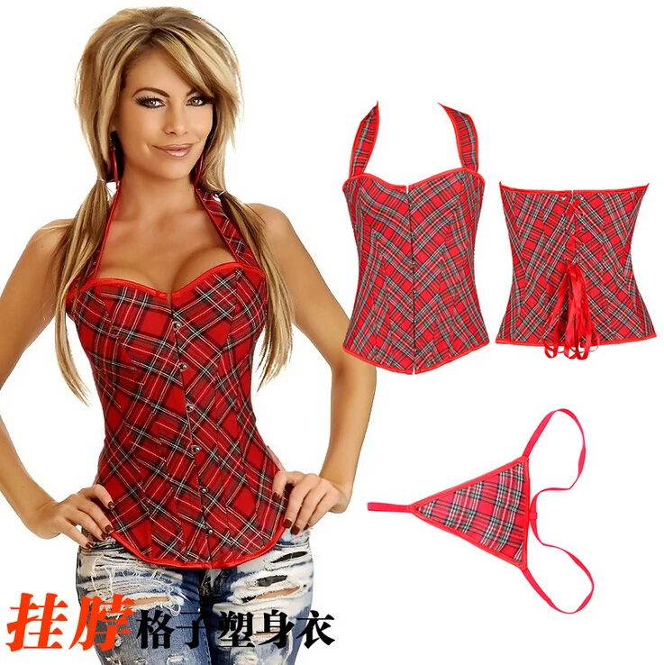 NEW red plaid hanging neck underbust Sexy lingerie Waist Workout Cincher Body font b Shaper b