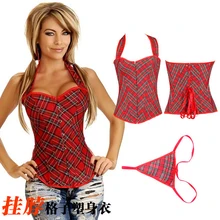 NEW red plaid hanging neck underbust Sexy lingerie Waist Workout Cincher Body Shaper Shapewear Corset S-XXL 0841 Women girl