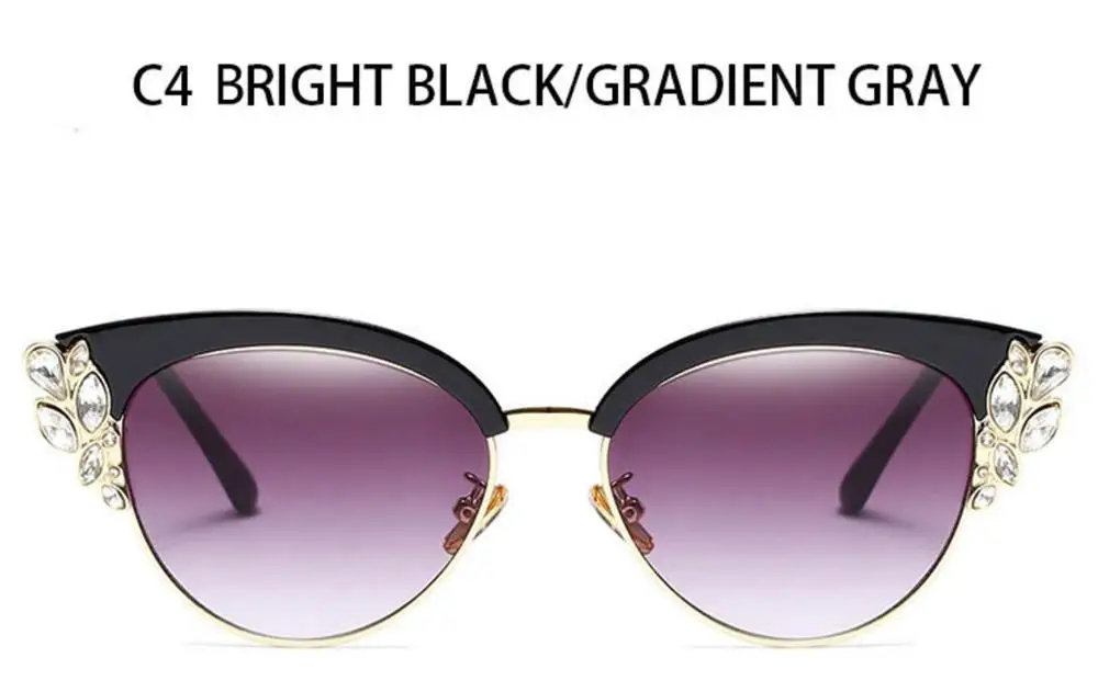 C4 bright black gray Ретро очки кошачий глаз, прозрачные линзы, стразы, кристаллы, половинная оправа, оправа для очков в стиле кошачьи глаза, женские модные очки для близорукости - Цвет оправы: C4 bright black gray