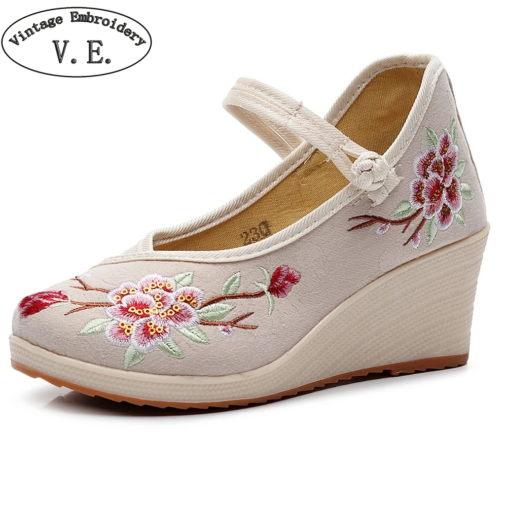 

Women Pumps Jacquard Cotton Wedge High Heels Platform Ladies Instep Strap Chinese Embroidered Pumps Comfort Handmade Shoes