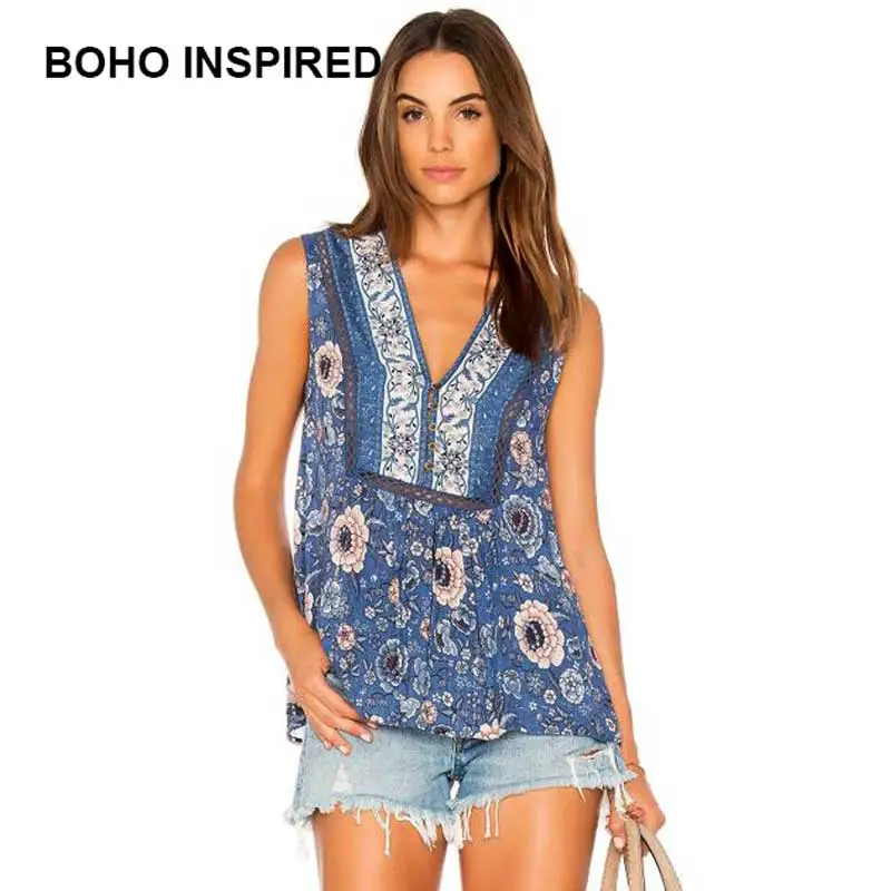 Boho Inspired SLEEVELESS BLOUSE NAVY buttons front rayon