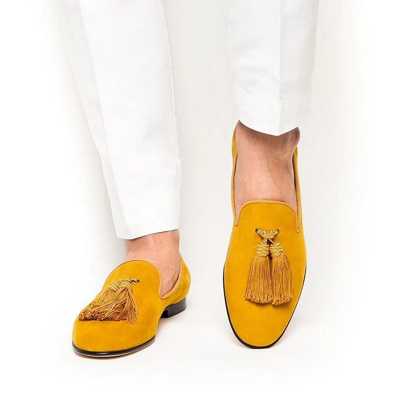 Королевский синий Замшевые мужские туфли кисточкой Лоферы для женщин слипоны курение туфли без каблуков для мужчин's State мужчин t обувь - Цвет: Цвет: желтый