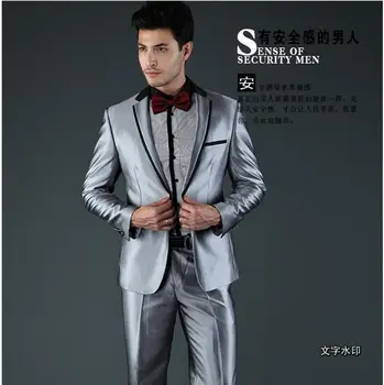 Tanie 2017 Najnowsze Wzory Płaszcz Pant Srebrny Szary Satynowe Mężczyźni Garnitur Prom Kurtka Etap Blazer Slim Fit Niestandardowe 2 Sztuka Pana Młodego Tuxedo Masculino