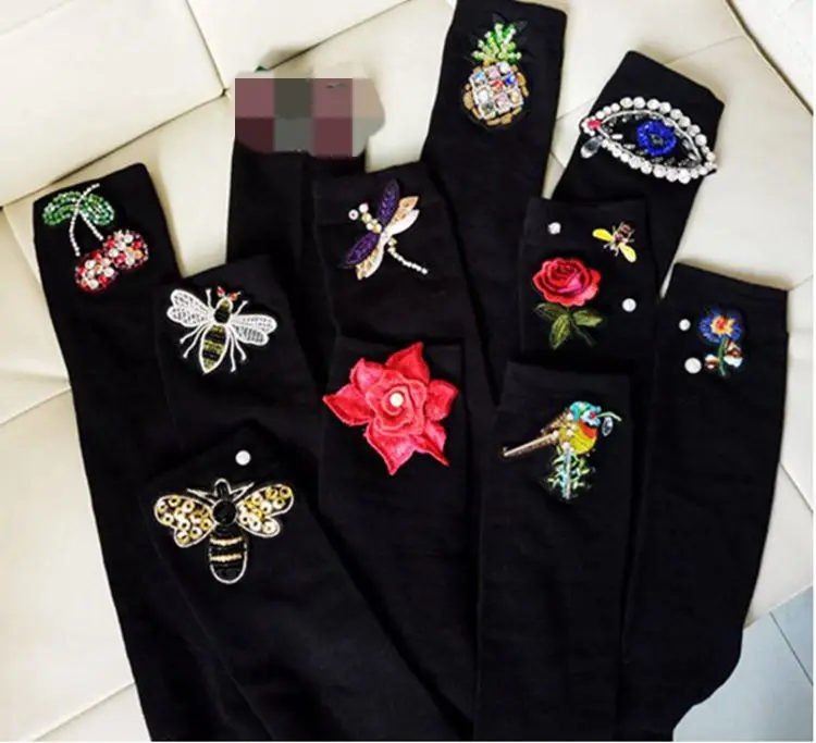 

gtglad New Arrived Korean Style Fashion women Socks Women Spring Winter irregular Beaded bees gems bird Hand-made Socks