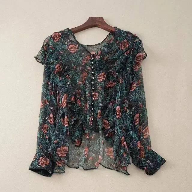

Women V Neck Ruffle Shirt Silk Flower Print Long SleeveThin Bohemian Blouse Spring Autumn