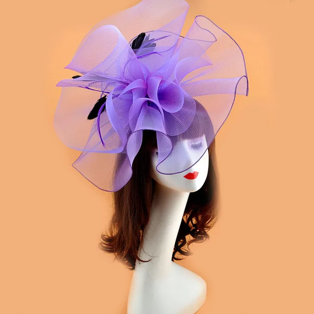 Vintage Bridal Flower Feather Hats Elegant Wedding Accessories Bride Net Hats White Fascinator Hats Women's Formal Occasion Purple