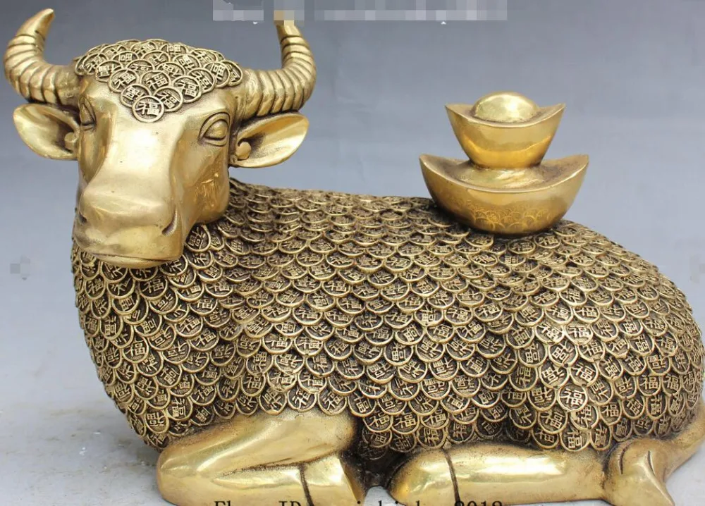 

6710930++9" Chinese Feng Shui Bronze 1000 Foo Fu Wealth Coins Bull Oxen-Ox Animal Statue