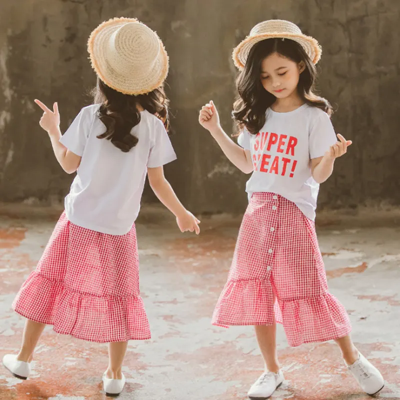 

Clothing Set For Girls Summer Girls Suit Plaid Child Girl Clothing 4 5 6 7 8 12 Years Letter Shirt+Skirt 2 Pcs Teen Kids Clothes