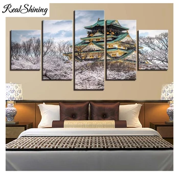

5PCS Diamond Embroidery,Simple And Elegant Osaka Castle,5D,Diamond Painting,Cross Stitch Museum Paintings Cherry Blossoms FS3416