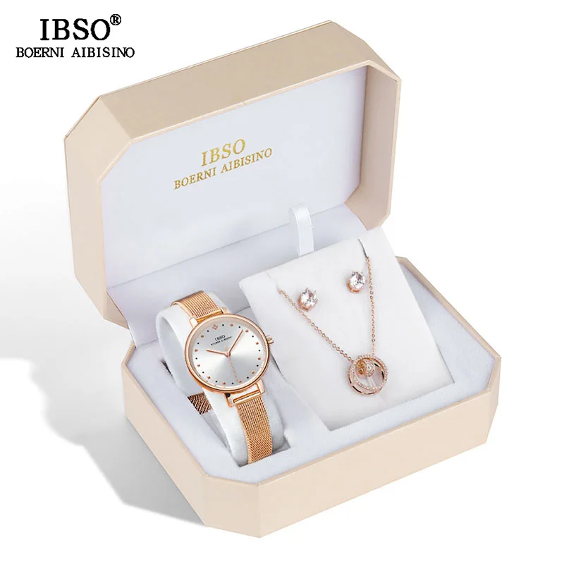 IBSO бренд женские кварцевые часы набор кристалл дизайн набор женский комплект украшений дизайн кварцевые часы серьги ожерелье набор - Color: 8689-RG-SS-XL004