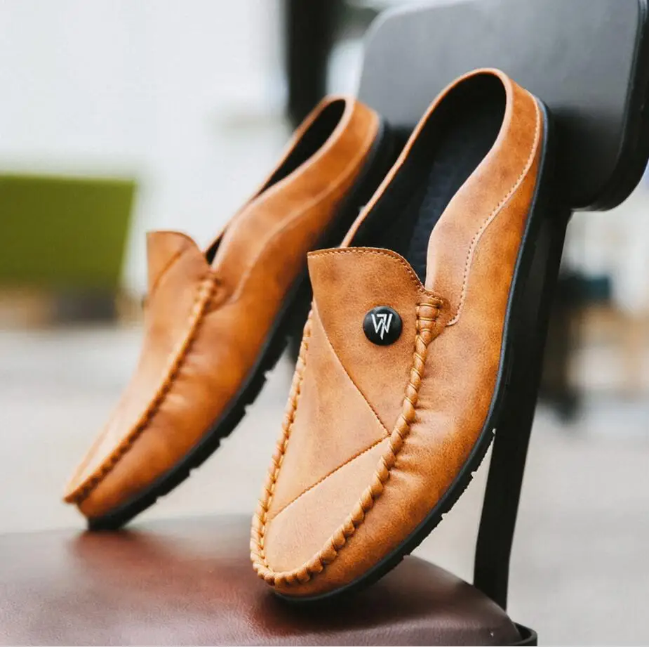 Новая Летняя мужская обувь модные кожаные шлепанцы мужская повседневная обувь нескользящая резиновая подошва пляжная обувь - Цвет: brown
