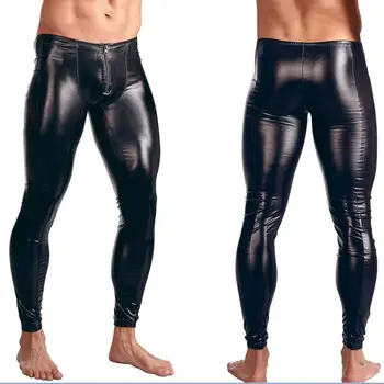 

Fashion Mens Black Faux Patent Leather Skinny Pants PU Latex Stretch Leggings Men Sexy Clubwear Bodywear Trousers