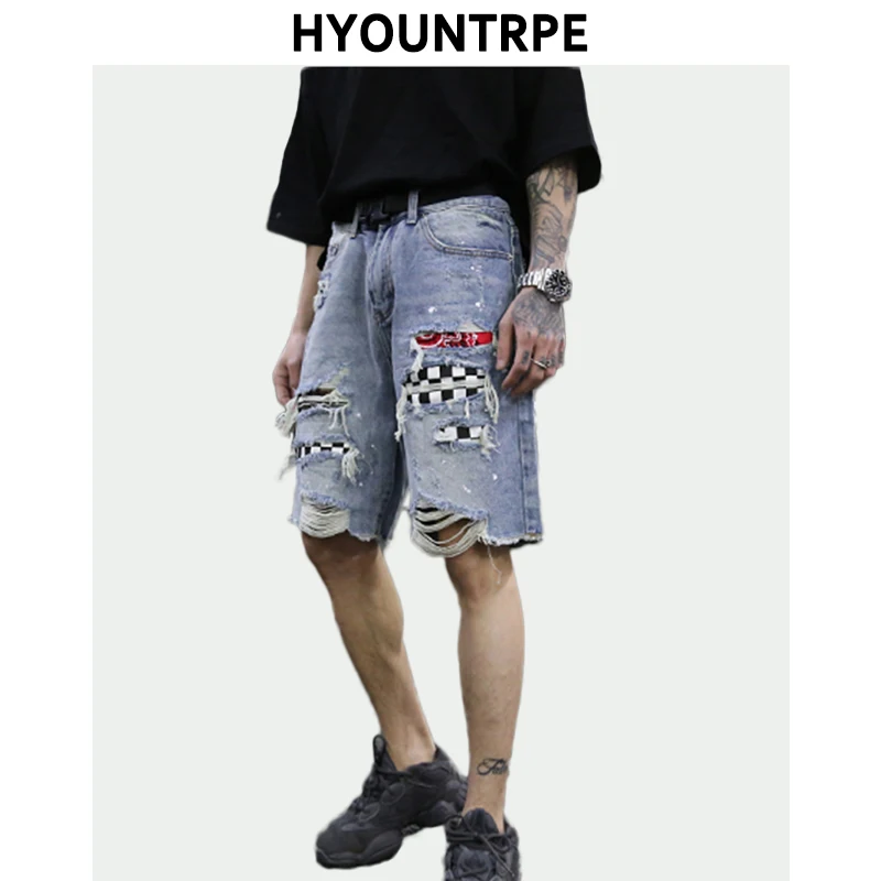 High Street Fashion Destroyed Short Jeans Men Patchwork Printed Pockets Plaid Ripped Loose Jeans New Hip Hop Zipper Pants Jogger korean trendy ins personalized street illusion letter jeans women washable buttons zipper pockets loose straight wide leg pants