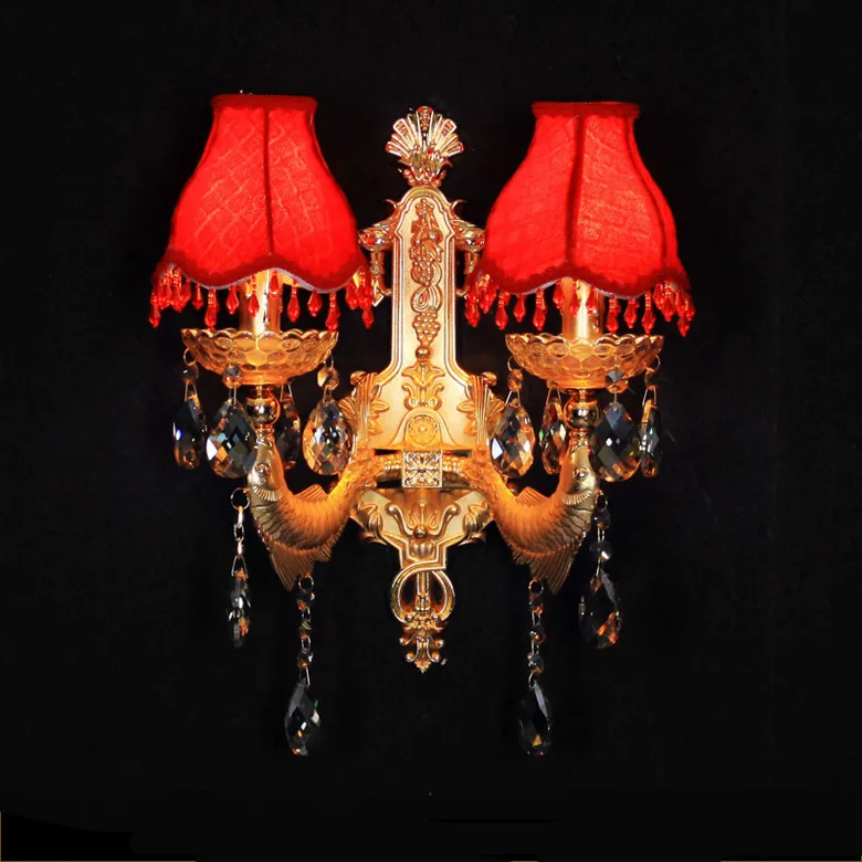 

Denmark 2 arms crystal wall lamps with Red fabric lampshades wedding Bar wall sconce bedroom hotel project Led wall lights