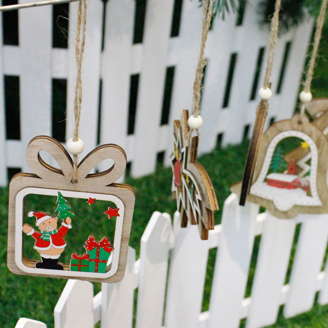 

6 Patterns Christmas Tree Wooden Pendent Star Heart Bells Meteor Wooden Hanging Ornaments Party Christmas Decorations for Home