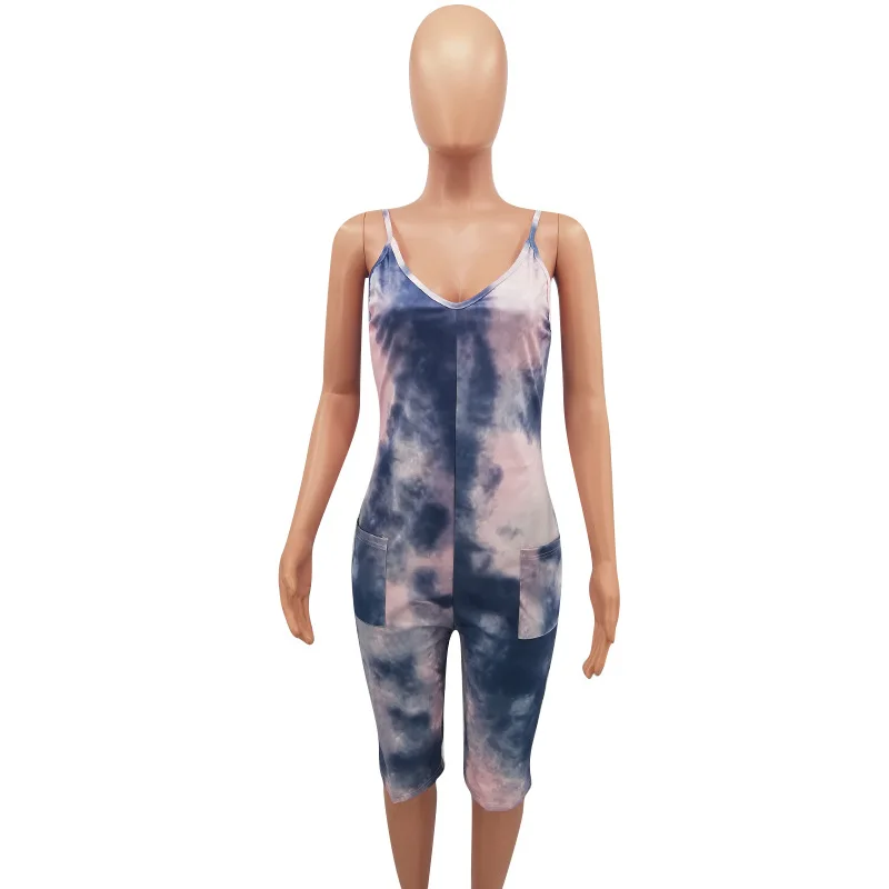 Tie Dye принтом пикантные цельнокройный комбинезон Для женщин Спагетти ремень с открытой спиной Большие размеры комбинезон Лето Глубокий V миди без рукавов ASOS