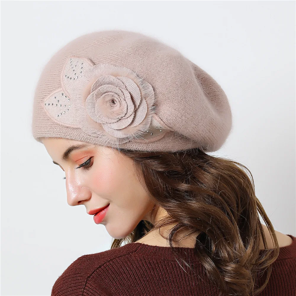 Angora Beret Women Winter Hat Knit Cap Beanie Headwear Warm Flower Casual Soft Classic Thermal Snow Outdoor Accessory (6)