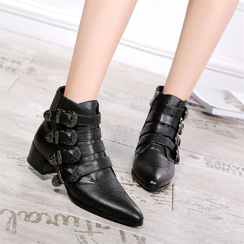 Automne Bottes Hiver Décoration Chaud Véritable Boucles Femme Noir Chaussures Talons Fedonas En Carré 1new Moto Femmes Cuir Cheville ngSFqx0t8w