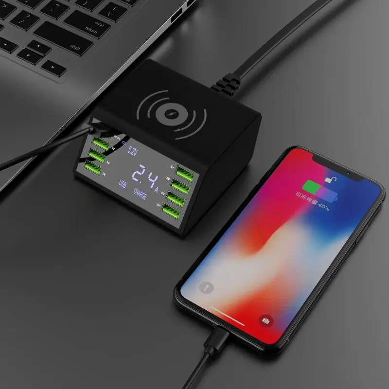 Online 60W QC 3,0 carga rápida 8 puertos USB estación de carga Qi cargador rápido inalámbrico con pantalla de corriente de voltaje para iphone sams