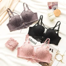 Wasteheart Women Fashion Lace Bra Sets Cut Out Cross Straps Bow Bralette Soft Panties Push Up Underwear Sexy Lingerie Sets A B bowknot cut out lingerie bralette set