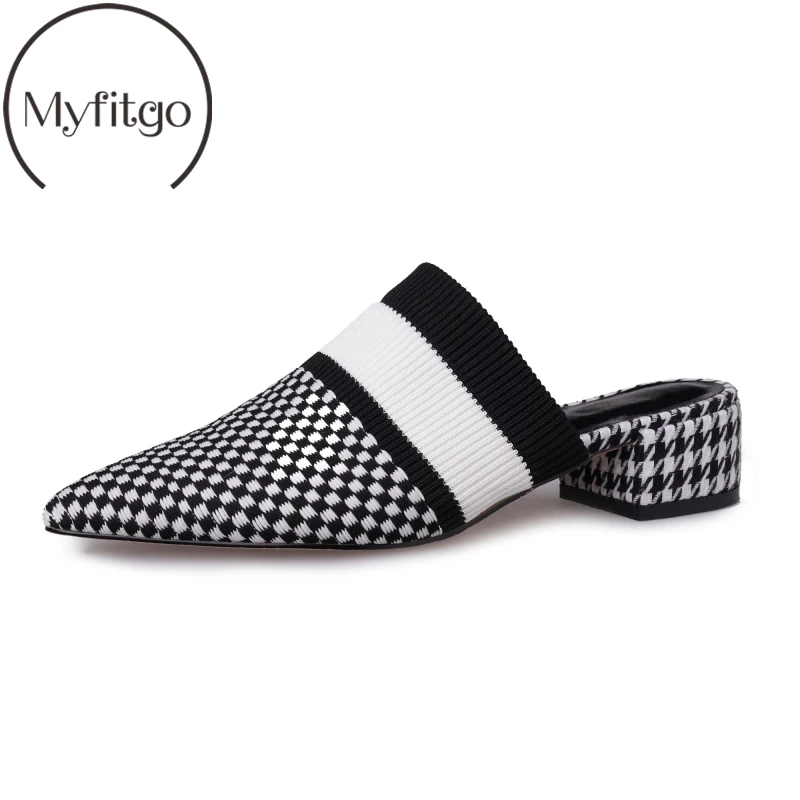 

Myfitgo Black White Women Outside Slippers Square Med Heels Female Concise Top Quality Casual Checked Women Mules Slide on Shoes