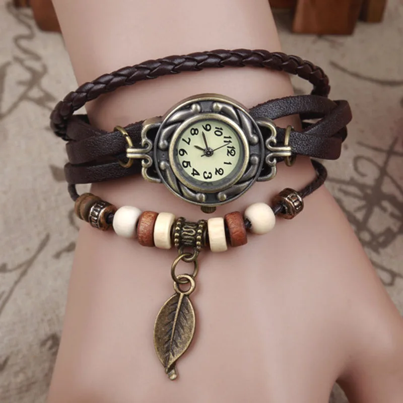 

Women Girl Vintage Watches, Bracelet Wristwatches leaf Pendant High Quality Women Genuine Leather Vintage Quartz Dress Watch A40