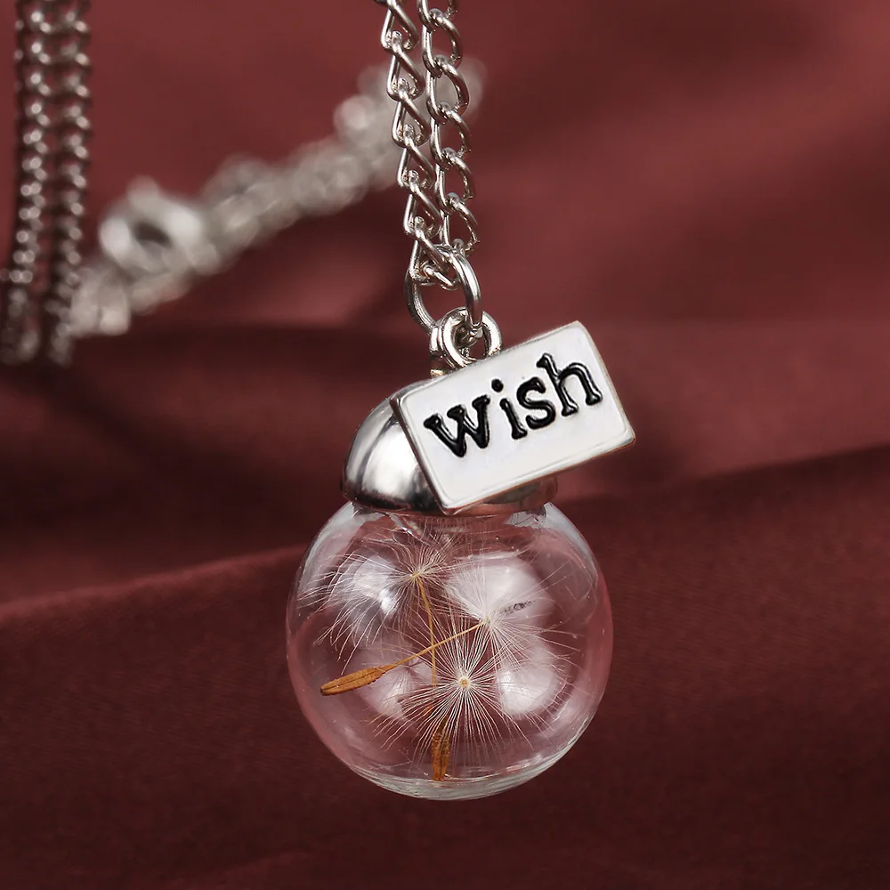 

Romantic Wish Bottle Glass Plant Specimens Dandelion Necklace, Dry Flower Hope Seeds Ball Pendant Necklaces, DIY Long Neckless