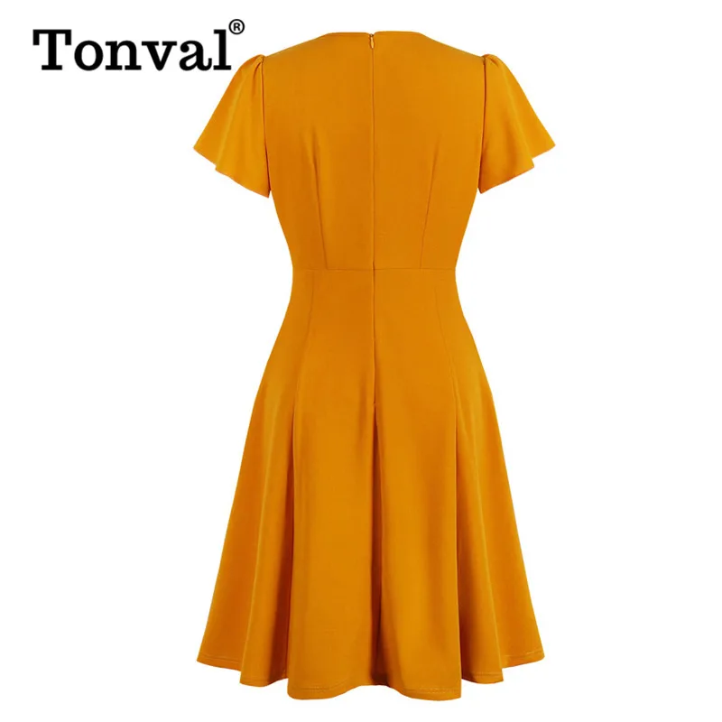 Tonval Vintage Bow Tie Neck High Waist Orange Women Dress Office Lady Elegant Fit and Flare Work Solid Dresses