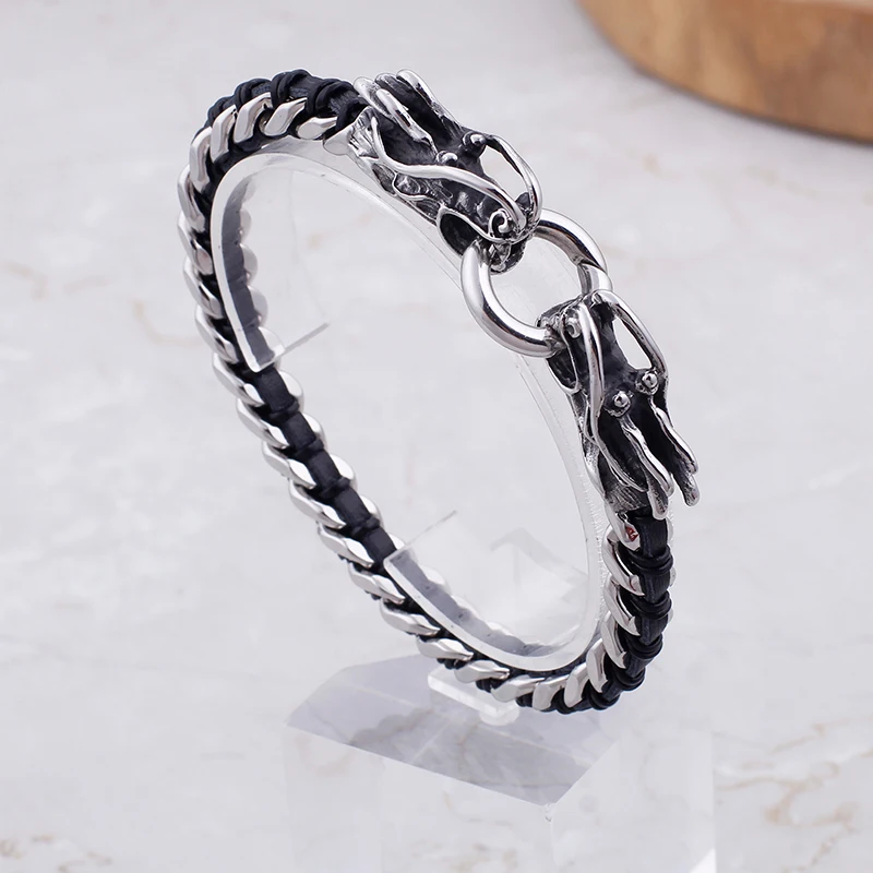 Fongten Dragon Stainless Steel Metal Viking Screw Leather Men Bracelet Jewelry