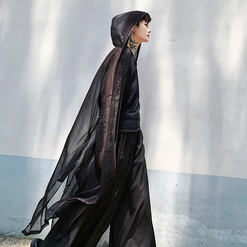 

Men's summer hollow out mesh sexy long hooded trench coat gothic vintage jacket male see-through thin coat punk cloak