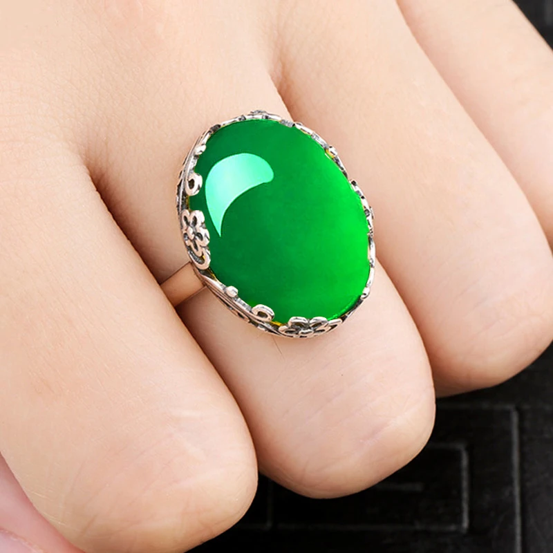 

13*18mm NOT FAKE S925 Sterling Silver Asia Emerald Rings Jade moldevite upper class lithuania Retro Chalcedony