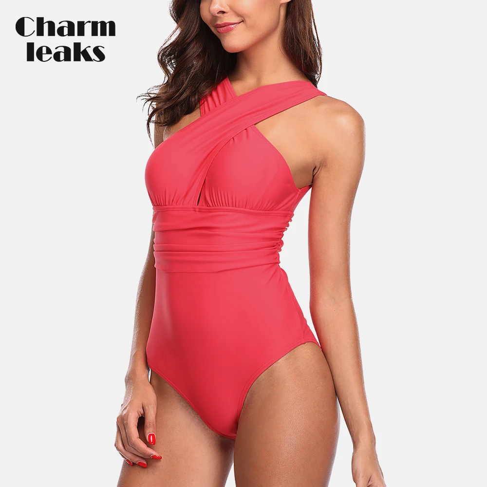 

Charmleaks Women Fashion One-Piece Swimsuit From Cross Monokini Fold Swimwear Beachwear Bathing Suit Solid