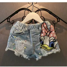 Girls cute Shorts Denim Cartoon Daisy Duck hole Baby Ripped Jeans Short Pants Summer Sequin Pearls Kids Trousers girl Clothes