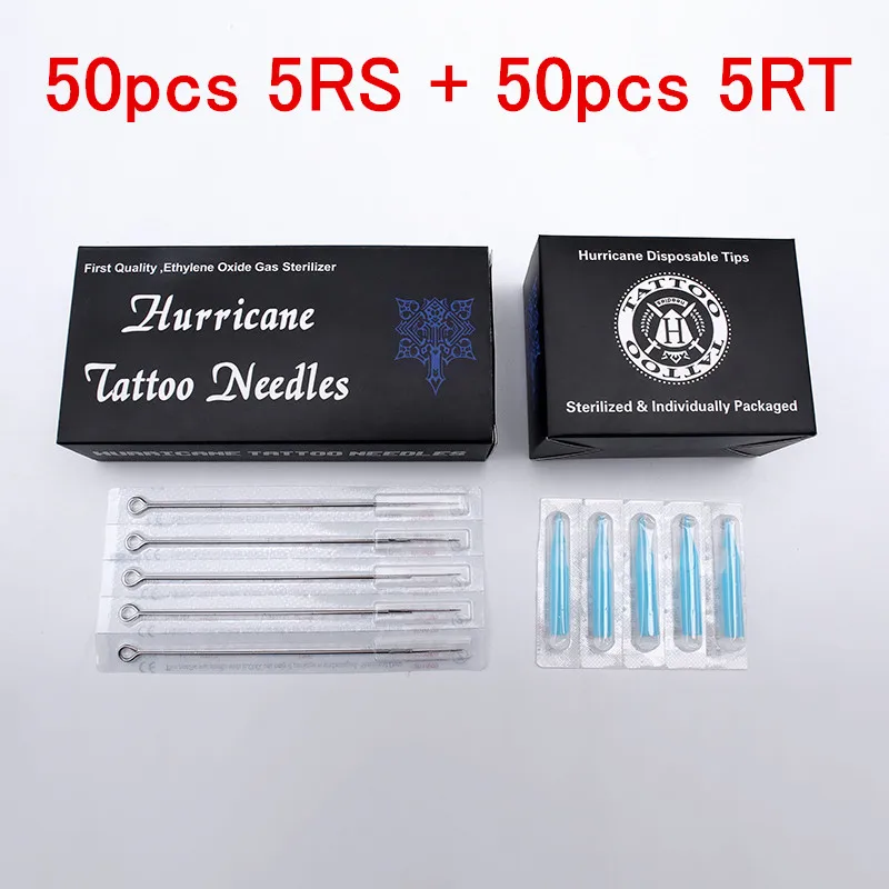 Tattoo Tips and Needles (5RS+5RT) 50PCS Disposable Sterile Tattoo Needle + 50PCS Blue Disposable