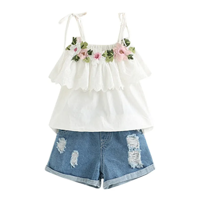 

Telotuny Children's Clothing Baby Girl Clothes Summer Set Baby Girl Outfits Clothes Embroidery T-shirt+Denim Shorts Jeans Set