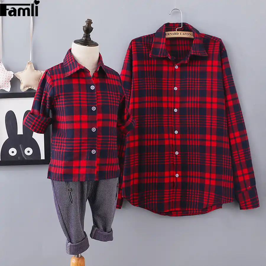 mom and son matching plaid shirts