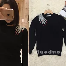 Весна новое поступление свитер женский бисер черный пуловер женский Кролик Мех Blingbling Повседневный Топ Блестящий наряд