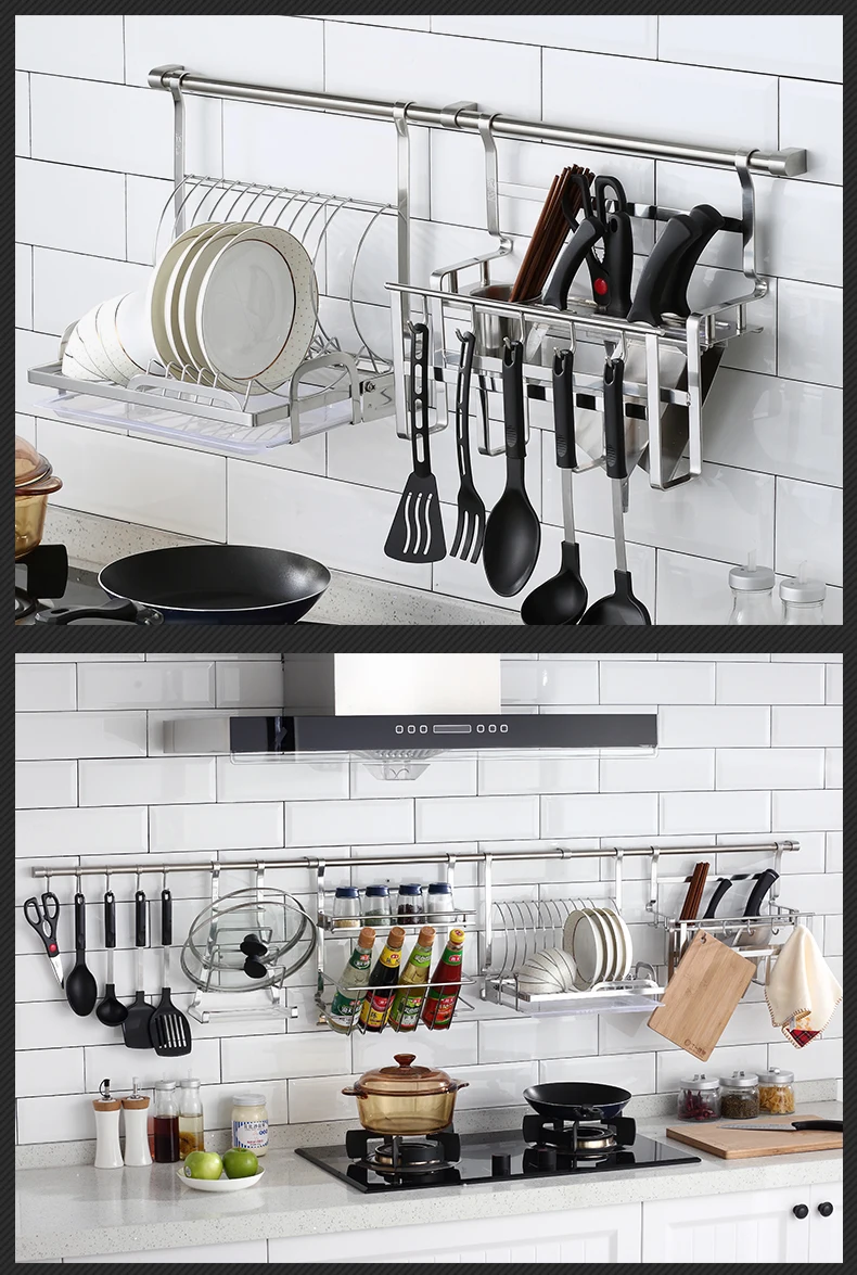 Kitchen stainless steel with folding drip tray design wall-mounted storage pendant tableware rack LU4191