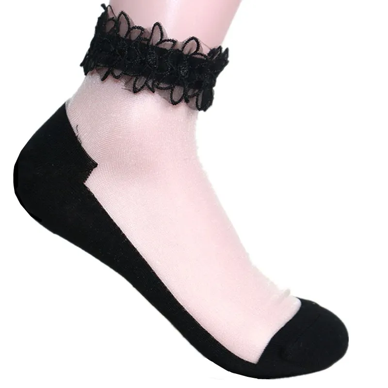VISNXGI женские модные кружевные короткие носки с оборками, 1 пара, мягкие прозрачные шелковые эластичные сетчатые вязаные женские короткие черные носки с оборкой