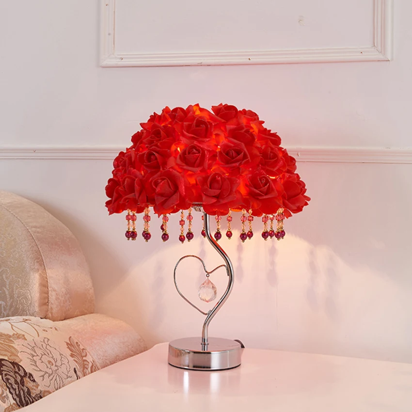 

European creative wedding table lamp handmade rose flower pu cloth lampshade bedroom bedside decoration table lights fixture