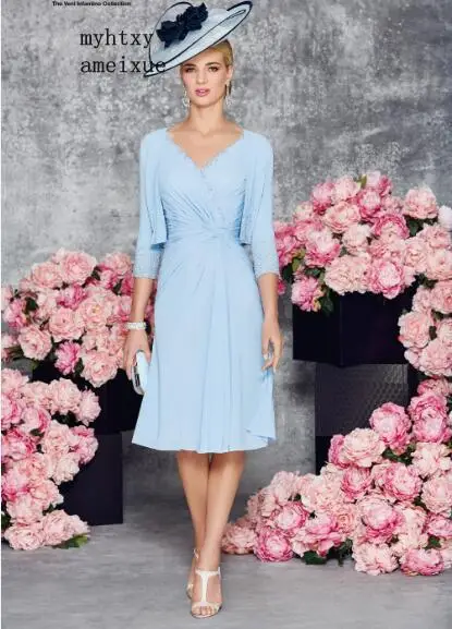 

New Arrival 2019 Charming Light Sky Blue Chiffon Beading Three Quarter Sleeves A Line Formal Cheap Mother Of The Bride Dresses