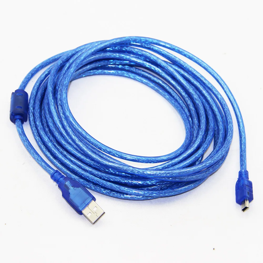 3m 10ft USB 2.0Type A Male to Mini 5P Male Mini 5P USB Cable M/M Double Shielding(Foil+Braided) Premium Quality Transparent Blue