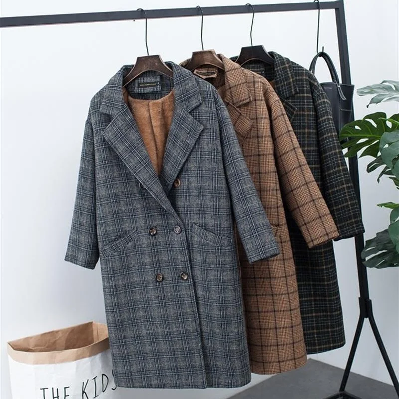 

U-SWEAR New Winter Clothing Plus Velvet Thick Woolen Jacket Female Korean Version of The Long Loose Plaid Woolen Coat Mujer