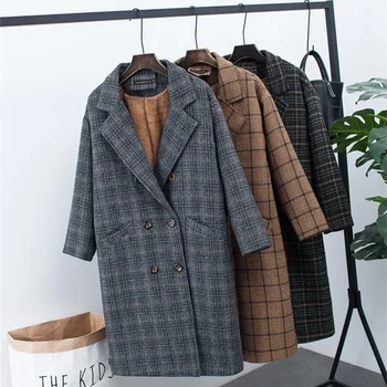 

U-SWEAR New Winter Clothing Plus Velvet Thick Woolen Jacket Female Korean Version of The Long Loose Plaid Woolen Coat Mujer
